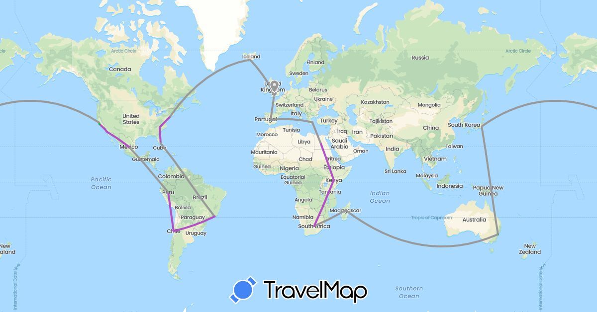 TravelMap itinerary: driving, bus, plane, train in Australia, Brazil, Chile, Egypt, Spain, United Kingdom, Greece, Iceland, Japan, Kenya, Mexico, United States (Africa, Asia, Europe, North America, Oceania, South America)